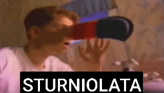 a man wearing a virtual reality headset with the word sturniolata in the upper right corner