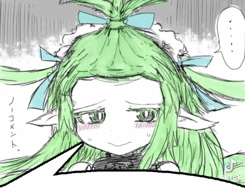 a drawing of a girl with green hair and a speech bubble