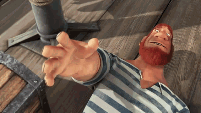 a man with a red beard and a striped shirt is reaching out