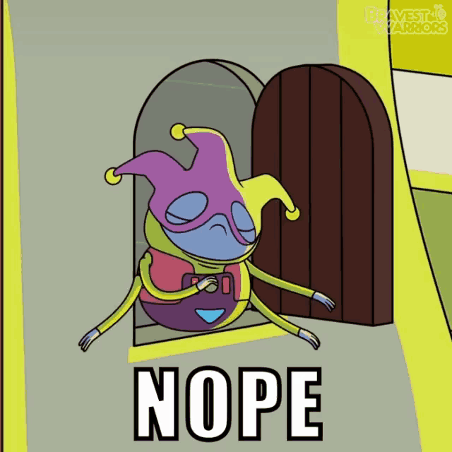 a cartoon of a jester sitting in a doorway with the word nope below it