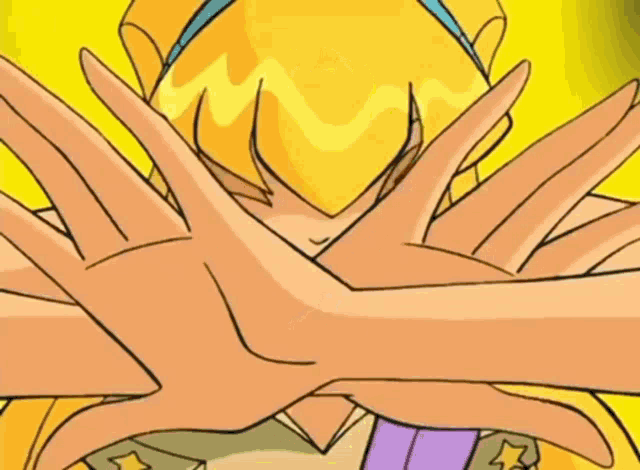 a cartoon girl is covering her face with her hands and making a triangle .