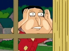 a cartoon character is looking out of a window with his hands on his face .