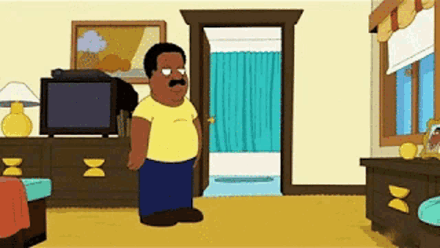 a cartoon character is standing in a living room next to a television and a dresser .
