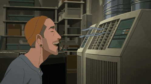 a cartoon of a man smelling a machine with a few lines coming out of it