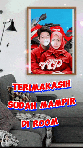 a framed picture of a man and a woman with the words terimakasih sudah mampiri di room below it
