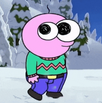 a cartoon character is walking in the snow wearing a green sweater and blue pants .