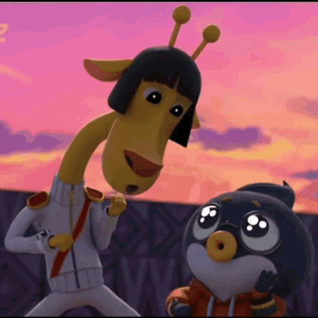 a giraffe and a penguin are standing next to each other in a cartoon scene