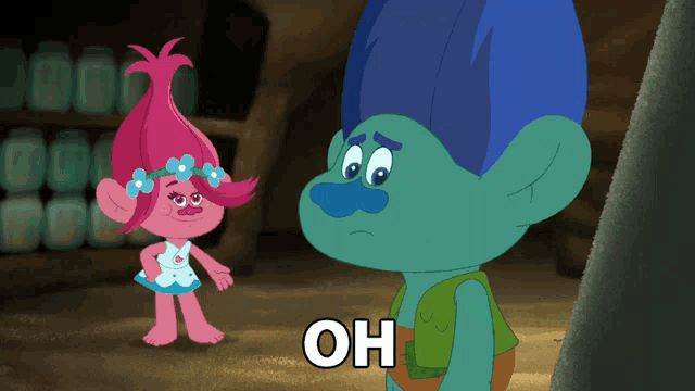 two trolls are standing next to each other and one of them is saying " oh "