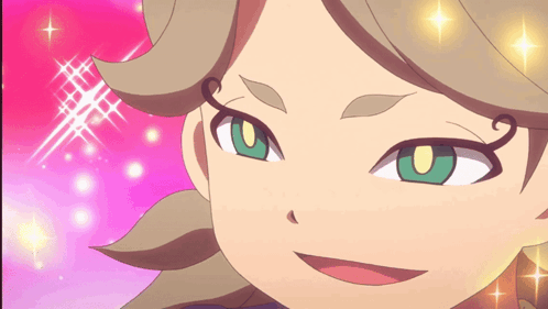 a close up of a cartoon character 's face with green eyes