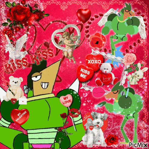 a collage of valentine 's day images with a frog holding a red heart that says kiss me