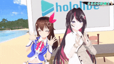 two anime girls waving in front of a hololive sign