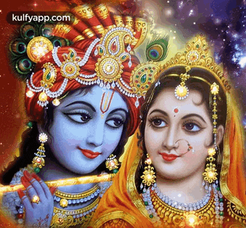 a painting of krishna and radha with the website kulfyapp.com in the bottom right corner