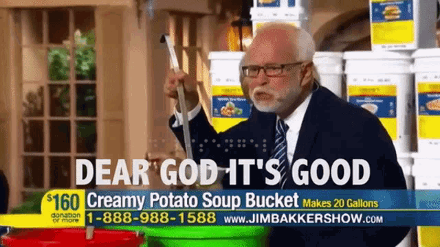 a man in a suit and tie is standing in front of buckets of creamy potato soup bucket