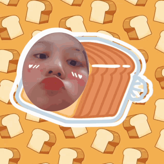 a girl 's face is surrounded by a slice of bread