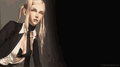 a blonde woman in a suit and tie is standing in front of a black background