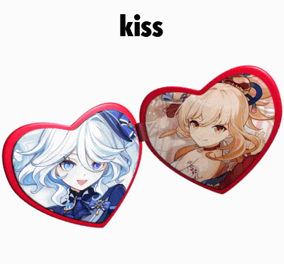 two red hearts with a picture of a girl and the word kiss