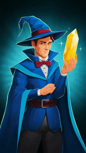 a wizard in a blue cape is holding a yellow crystal in his hand