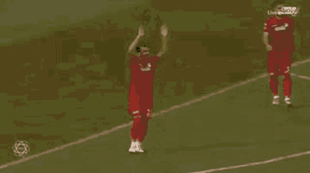 a soccer player wearing a red and yellow jersey with the number 25 on it is walking on a field .
