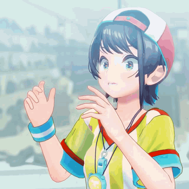 a girl is wearing a baseball cap and a whistle