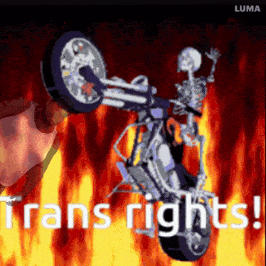 a cartoon of a skeleton riding a motorcycle with the words trans rights on the bottom