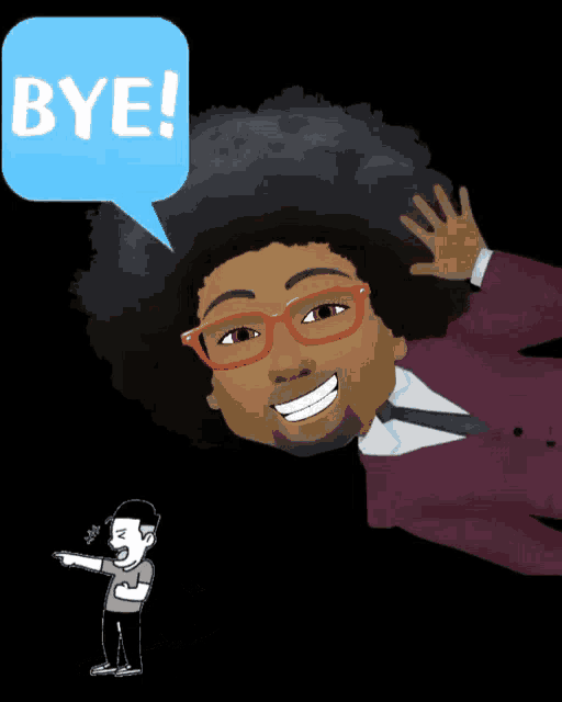 a cartoon of a man with an afro and a speech bubble that says " bye "
