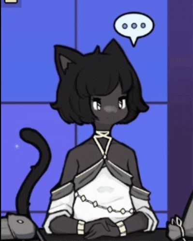 a cartoon drawing of a black cat with a white speech bubble above her head