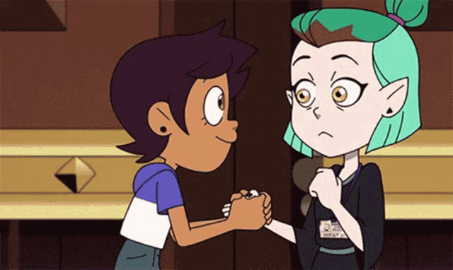two cartoon characters are holding hands and one has a name tag that says ' wicked ' on it
