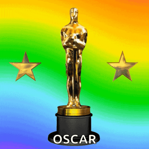 an oscar statue with a rainbow background and two gold stars