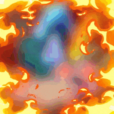 a colorful painting with a yellow background and orange flames around it