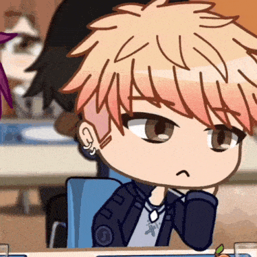a cartoon character with red hair is sitting at a table with his hand on his chin