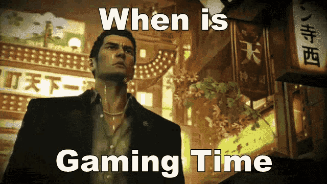 a man in a suit stands in front of a sign that says ' when is gaming time '
