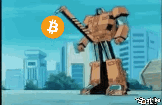 a cartoon robot with a hammer and a coin with the letter b on it