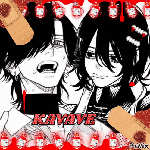 a black and white drawing of a man and a woman with the word kavave in red