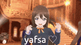 a girl with a bow in her hair says yafsa with a heart in the corner