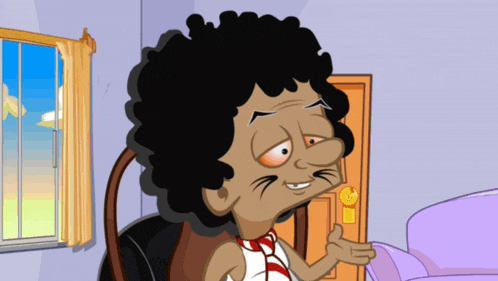 a cartoon character is sitting in front of a door with a key on it