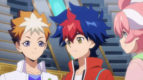three anime characters are standing next to each other and looking at something