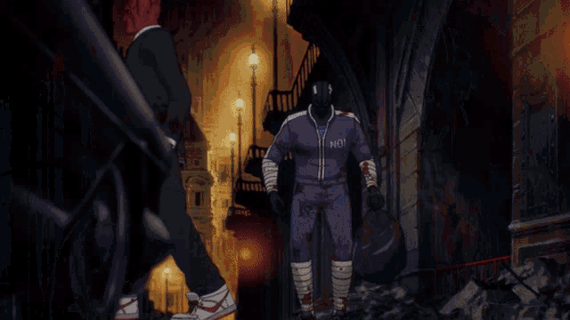 a man with blood on his face is wearing a jacket that says non on it