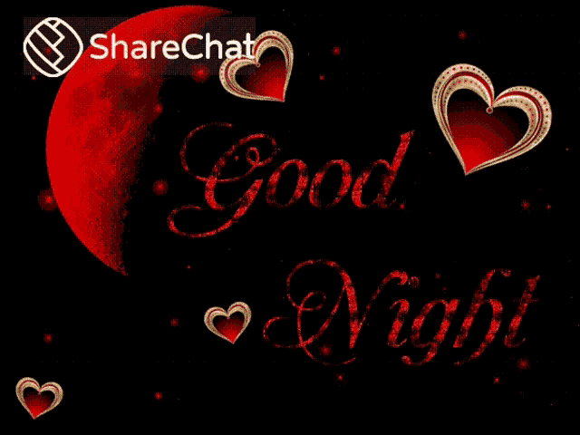 a good night greeting card with a red moon and hearts