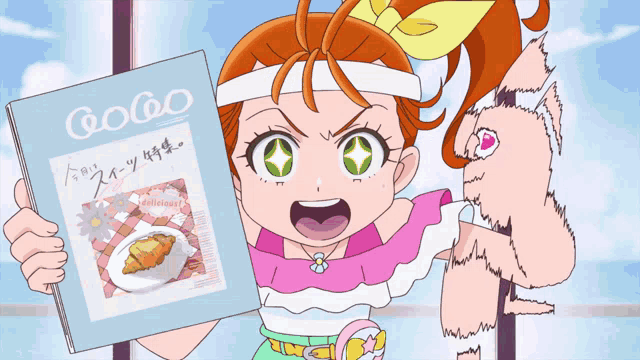 a cartoon girl is holding a magazine that says gogo