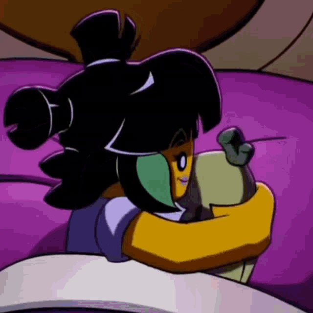 a cartoon character is hugging a stuffed animal while laying in bed .