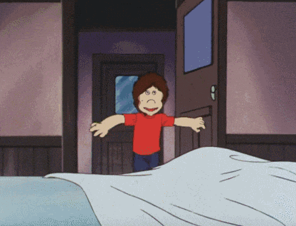 a cartoon of a boy in a red shirt standing in a doorway