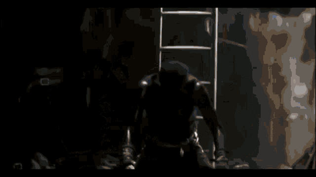 a person is standing in a room with a light coming out of the ceiling .