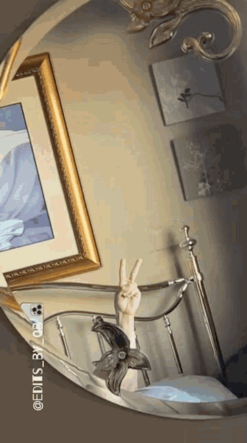 a hand giving a peace sign in front of a mirror that says edits by cc