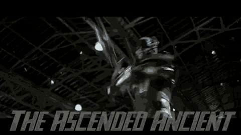 a robot is holding a sword in a dark room with the words `` the ascended ancient '' written above it .
