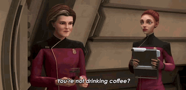 two cartoon characters are standing next to each other and one says you 're not drinking coffee