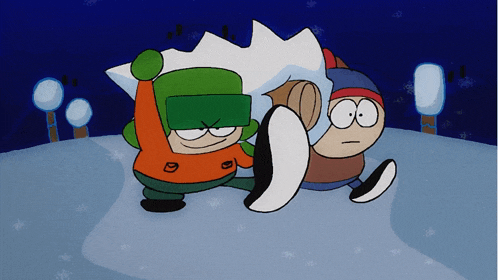 two cartoon characters are standing in the snow with one holding a puck