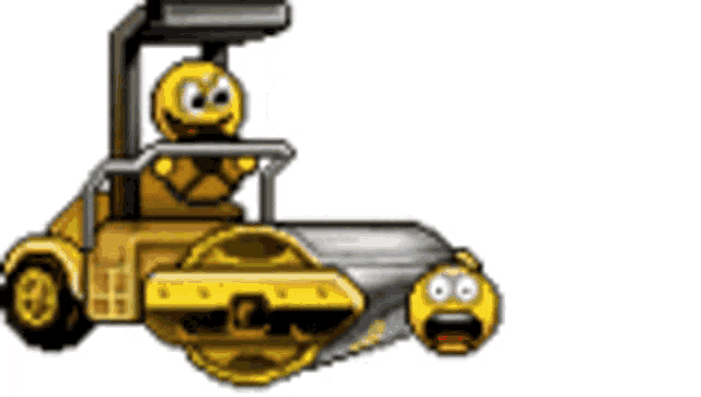 a cartoon smiley face is driving a construction vehicle .