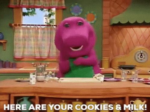 Barney The Dinosaur Here Are Your Cookies And Milk GIF - Barney The Dinosaur Here Are Your Cookies And Milk Milk And Cookies GIFs