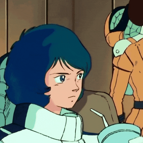 a cartoon character with blue hair and a white uniform