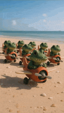 a group of frogs are sitting on planes on the beach